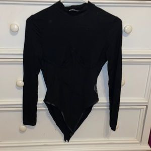 Long sleeve black, high neck body suit with sheer stomach